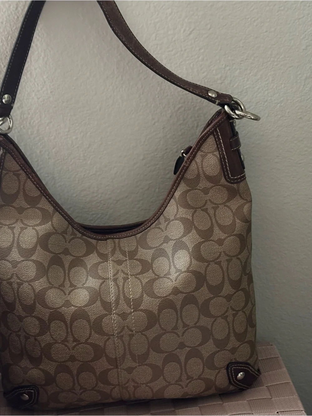 Coach Brown Signature Canvas Hobo with Cream and Dark Brown Stripe